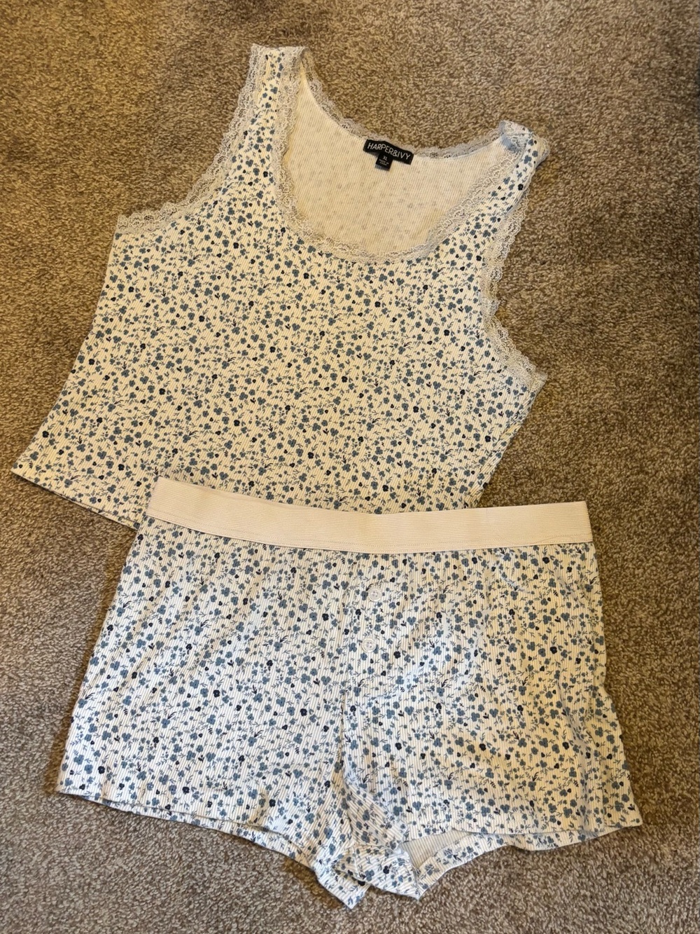White & Blue Floral Lace-Trim Tank and Shorts Pajama Set XL